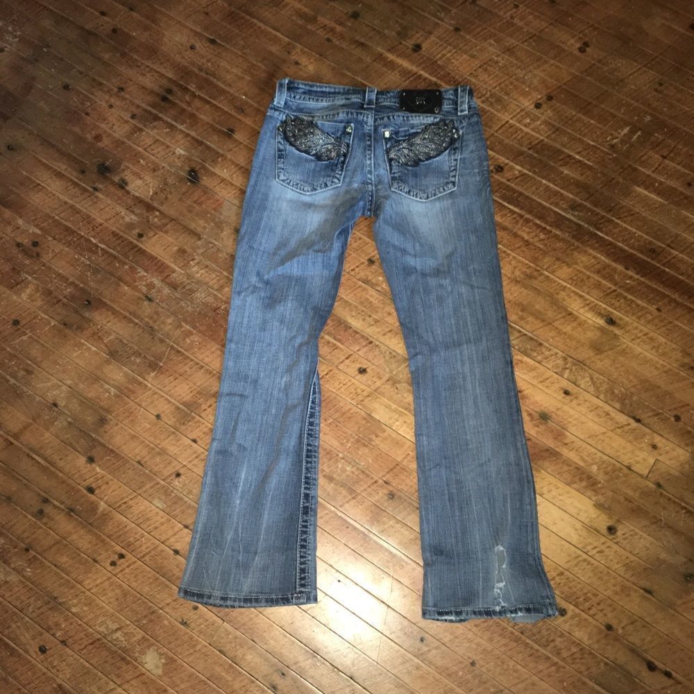 Miss Me 28 boot cut hemmed bling back pocket jeans